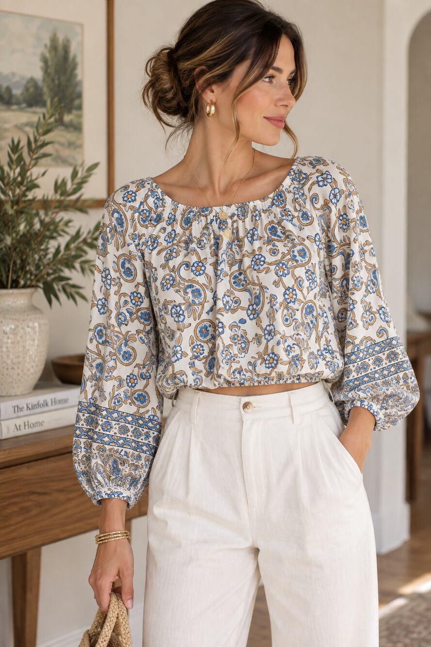 BOTEH Paisley Cotton Crop Blouse Size 4 Blue Ivory Balloon Sleeve Boho